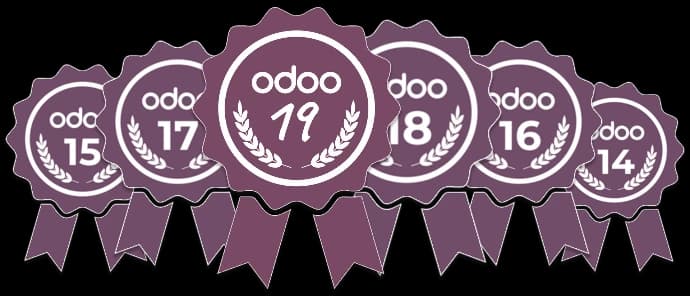 Odoo certification badges for versions 14 through 19