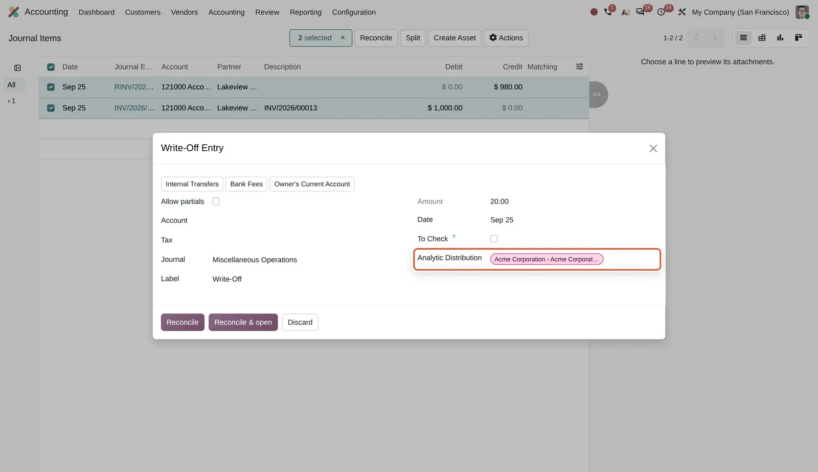 Odoo 20 Analytic distribution for write-offs: The Write-Off Entry dialog for a 20.00 difference, with the new Analytic Distribution field set to Acme Corporation.