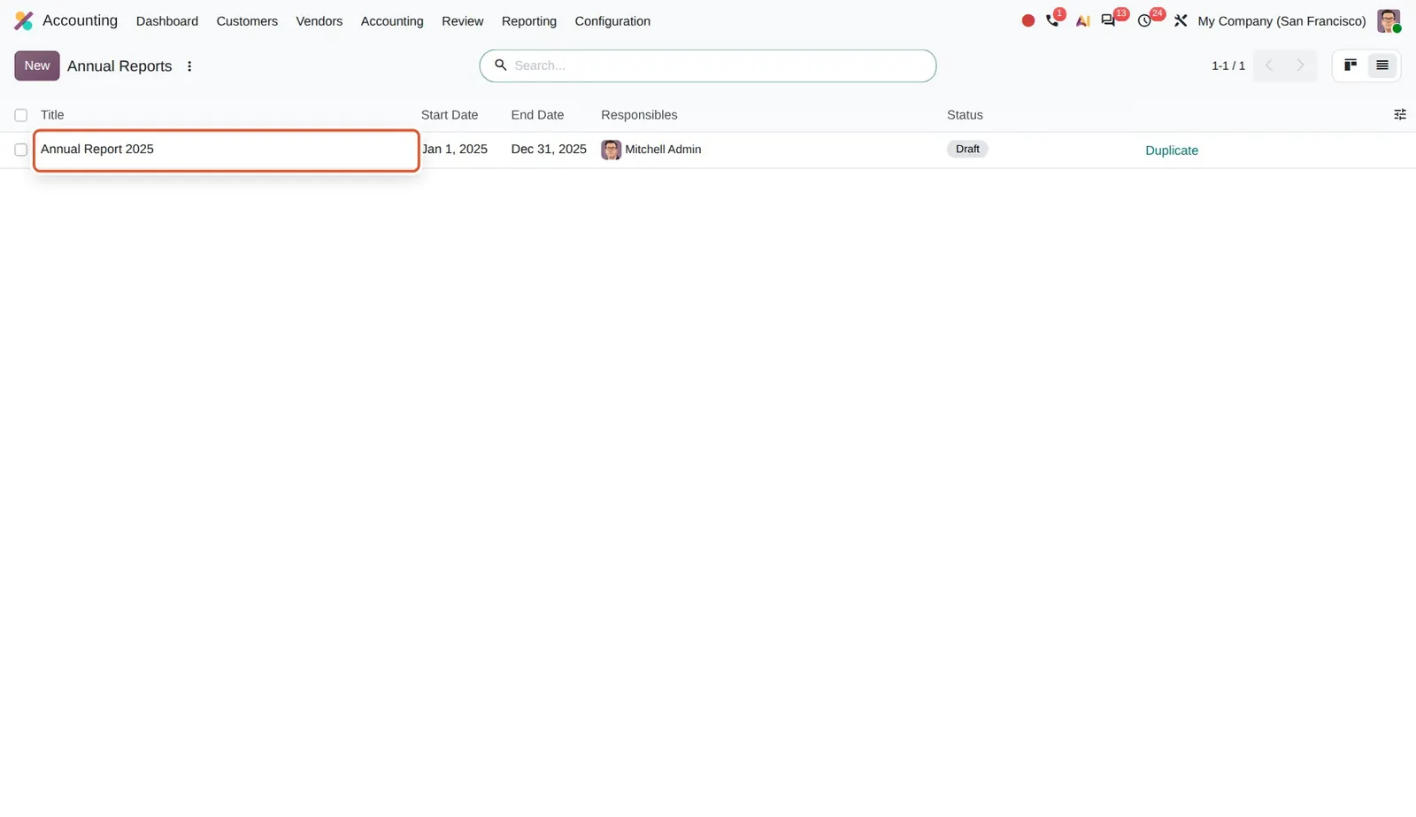 Odoo 20 Annual report layout: An annual report record under the renamed Annual Report menu. Its PDF export uses the company document layout.