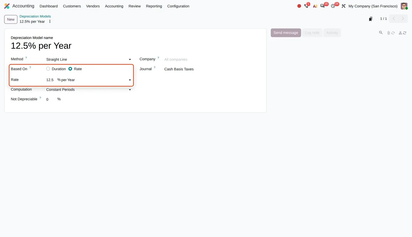 Odoo 20 Asset depreciation: The new Based On choice set to Rate, with a 12.5% per year rate.
