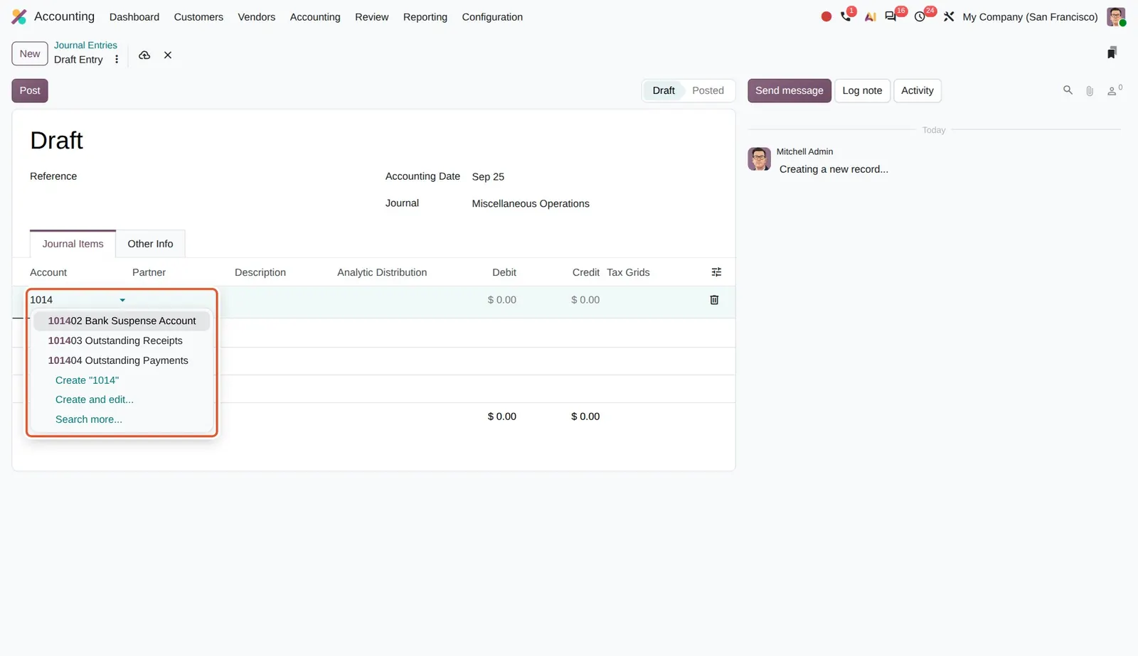 Odoo 20 Bank consistency: Searching 1014 offers the suspense and outstanding accounts but not 101401 Bank, which can no longer be used on a manual line.