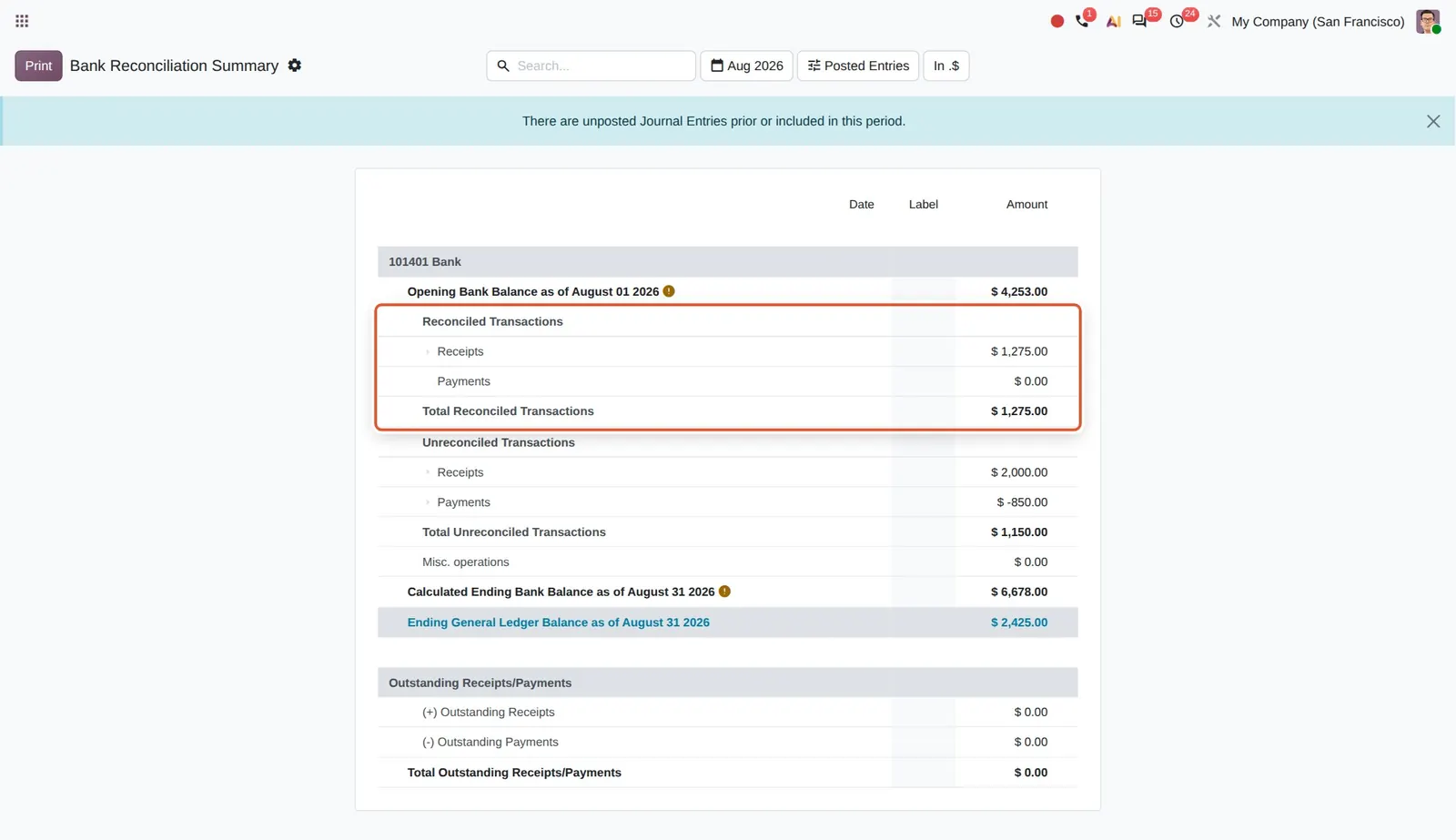 Odoo 20 Bank reconciliation summary report: The new Reconciled Transactions section with Receipts, Payments and its total, above the unreconciled part.