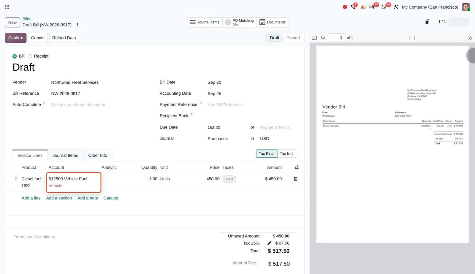 Odoo 20 Bill line prediction: The imported bill line got account 612500 Vehicle Fuel from the earlier bill with the same label.
