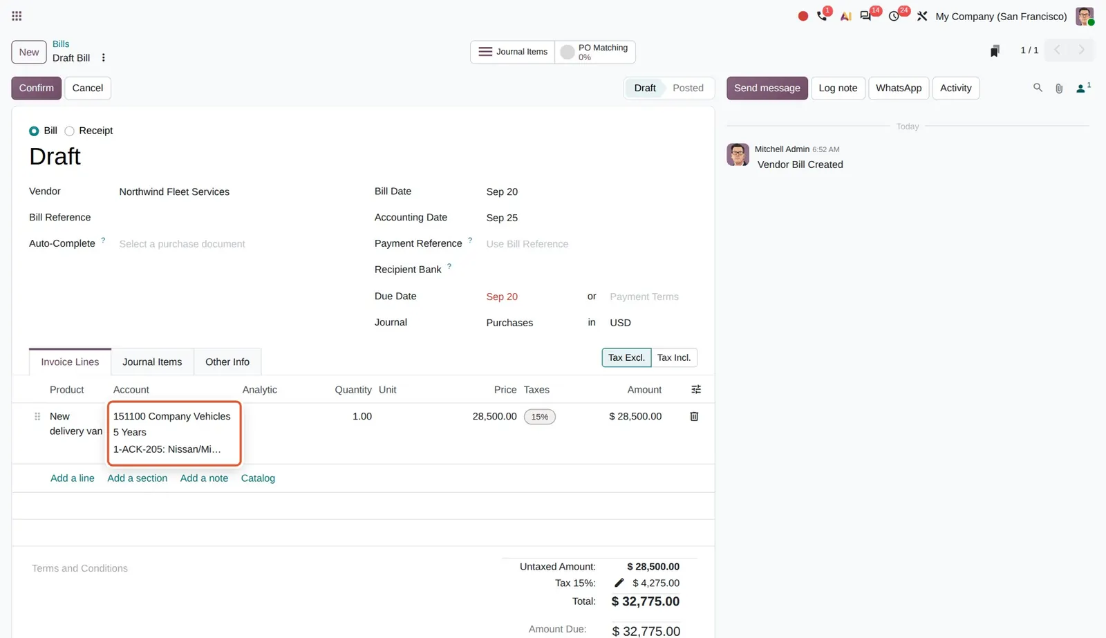 Odoo 20 Bill options display: The account 151100 Company Vehicles with the depreciation model 5 Years and the vehicle 1-ACK-205 stacked below it.