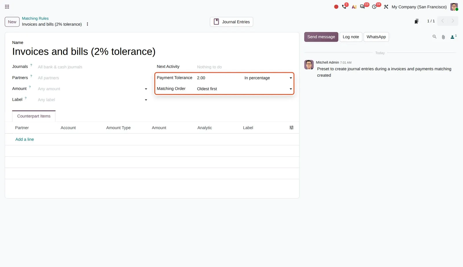 Odoo 20 Bill/invoice matching rules: A matching rule with a 2% payment tolerance and Oldest first matching order.
