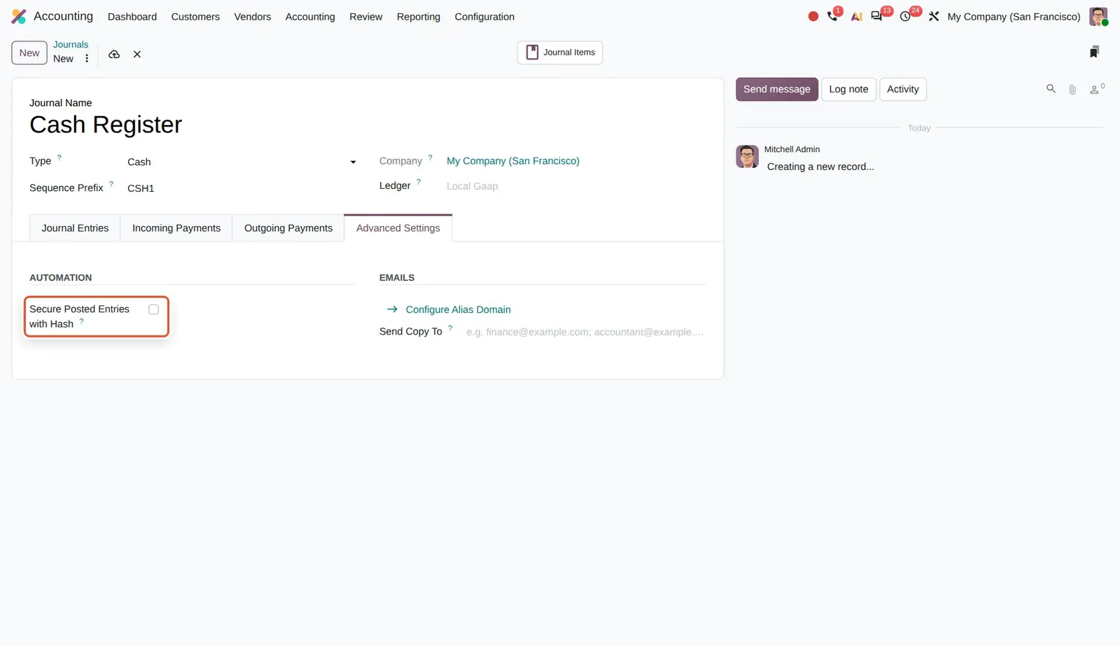 Odoo 20 Cash journal entry hashing: On a Cash journal the Advanced Settings tab now offers Secure Posted Entries with Hash. In Odoo 19 it was only shown for sales, purchase and miscellaneous journals.