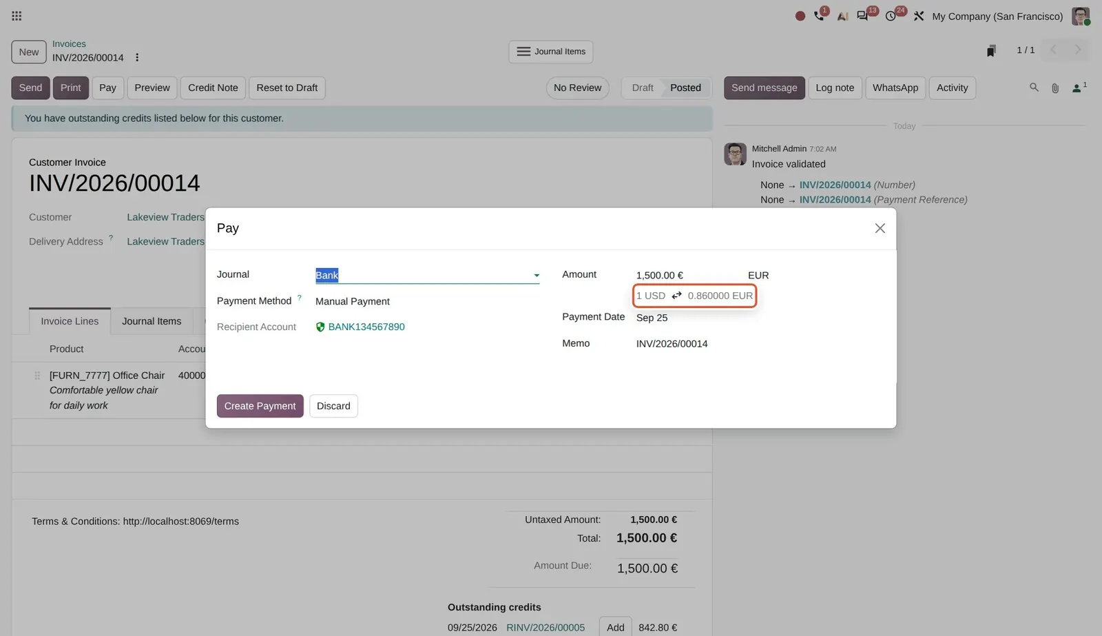 Odoo 20 Conversion rates: The rate line 1 USD = 0.860000 EUR under the payment amount.