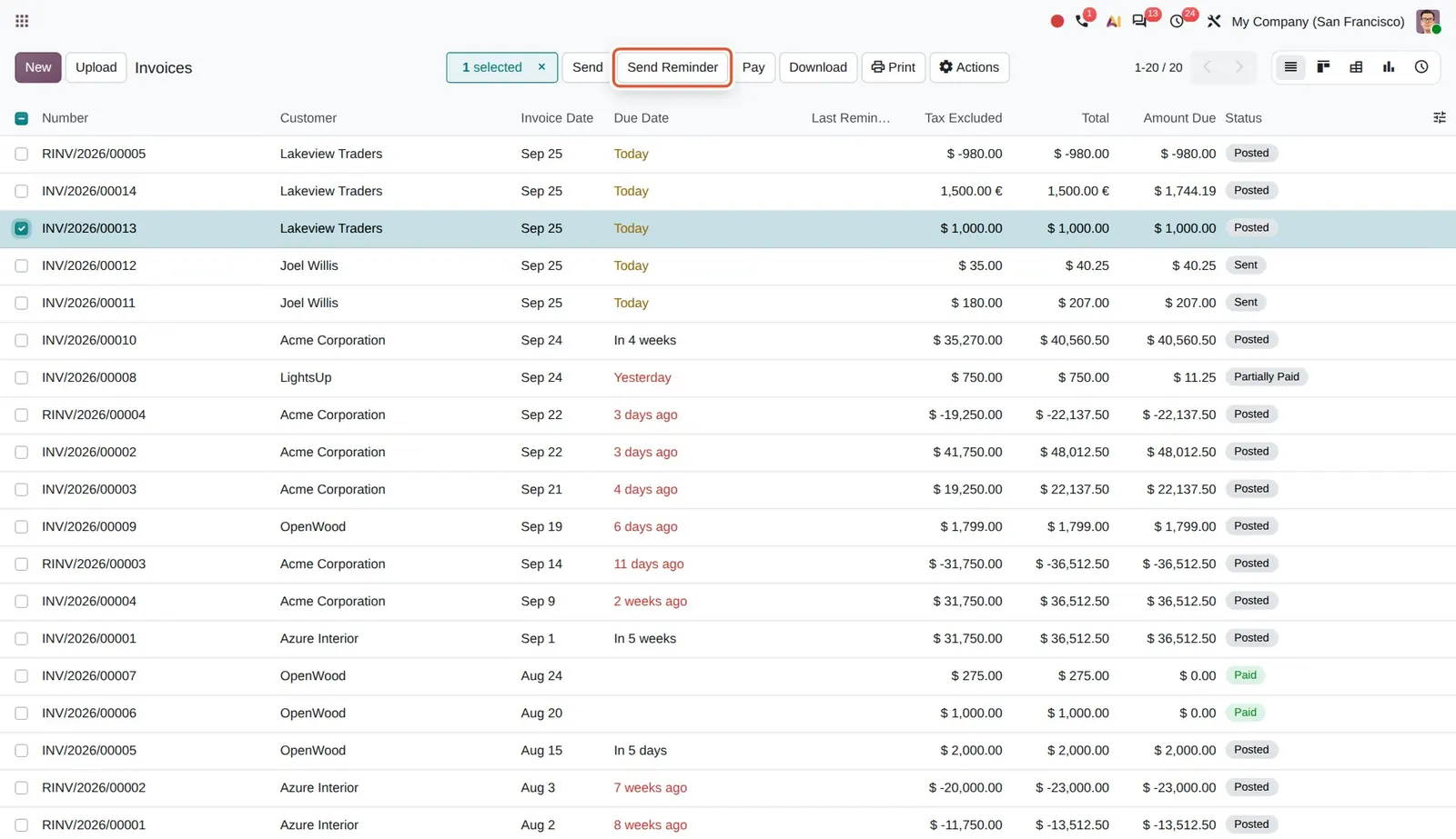 Odoo 20 Customer invoice reminders: With an invoice selected, the list shows the new Send Reminder button.