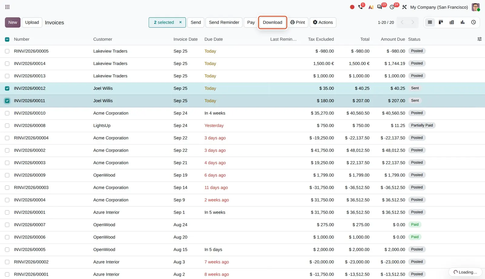 Odoo 20 Download invoice attachments: The Download button shown for the two selected invoices.
