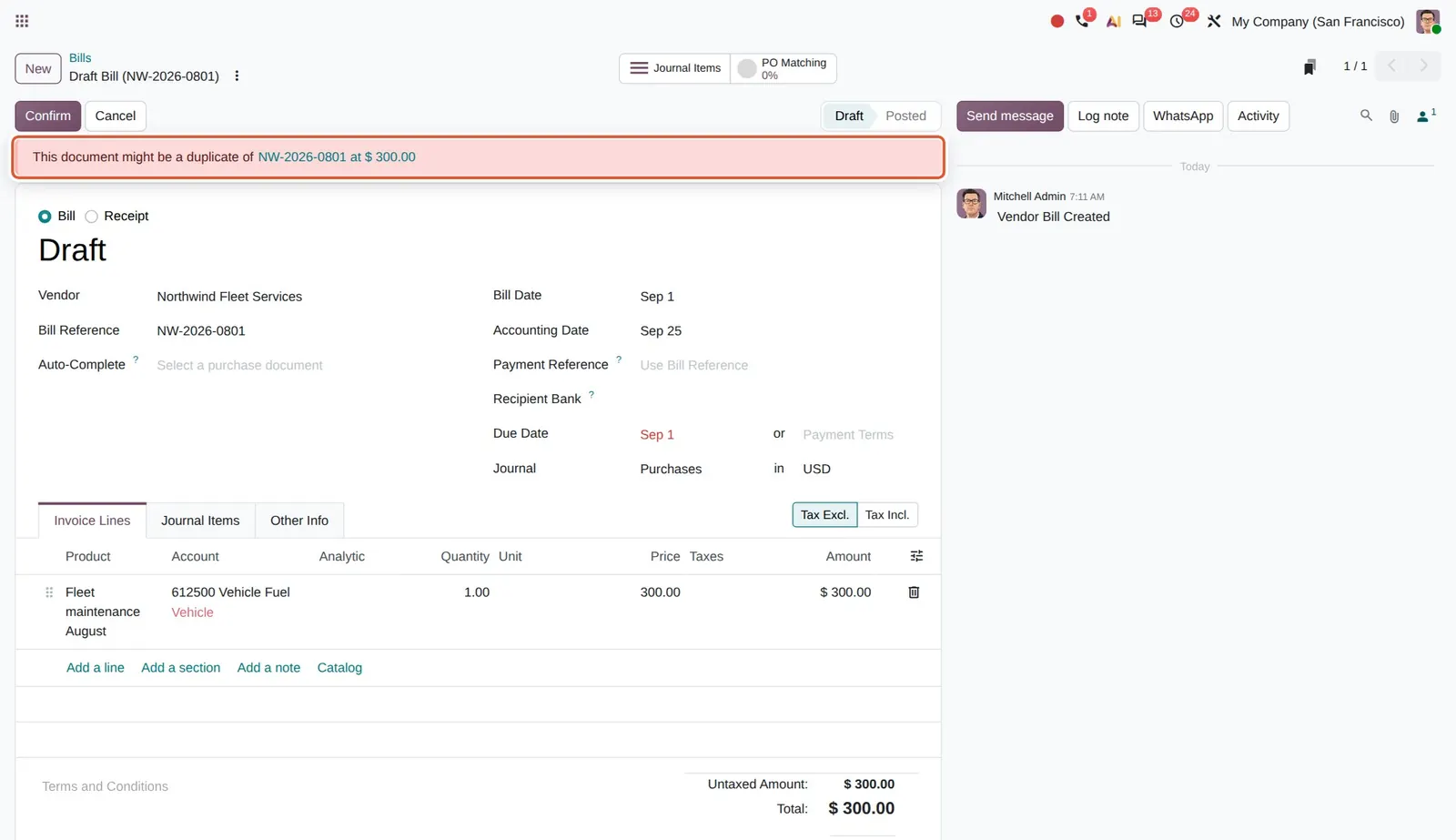 Odoo 20 Improved duplicate detection: The red alert "This document might be a duplicate of NW-2026-0801 at $ 300.00".