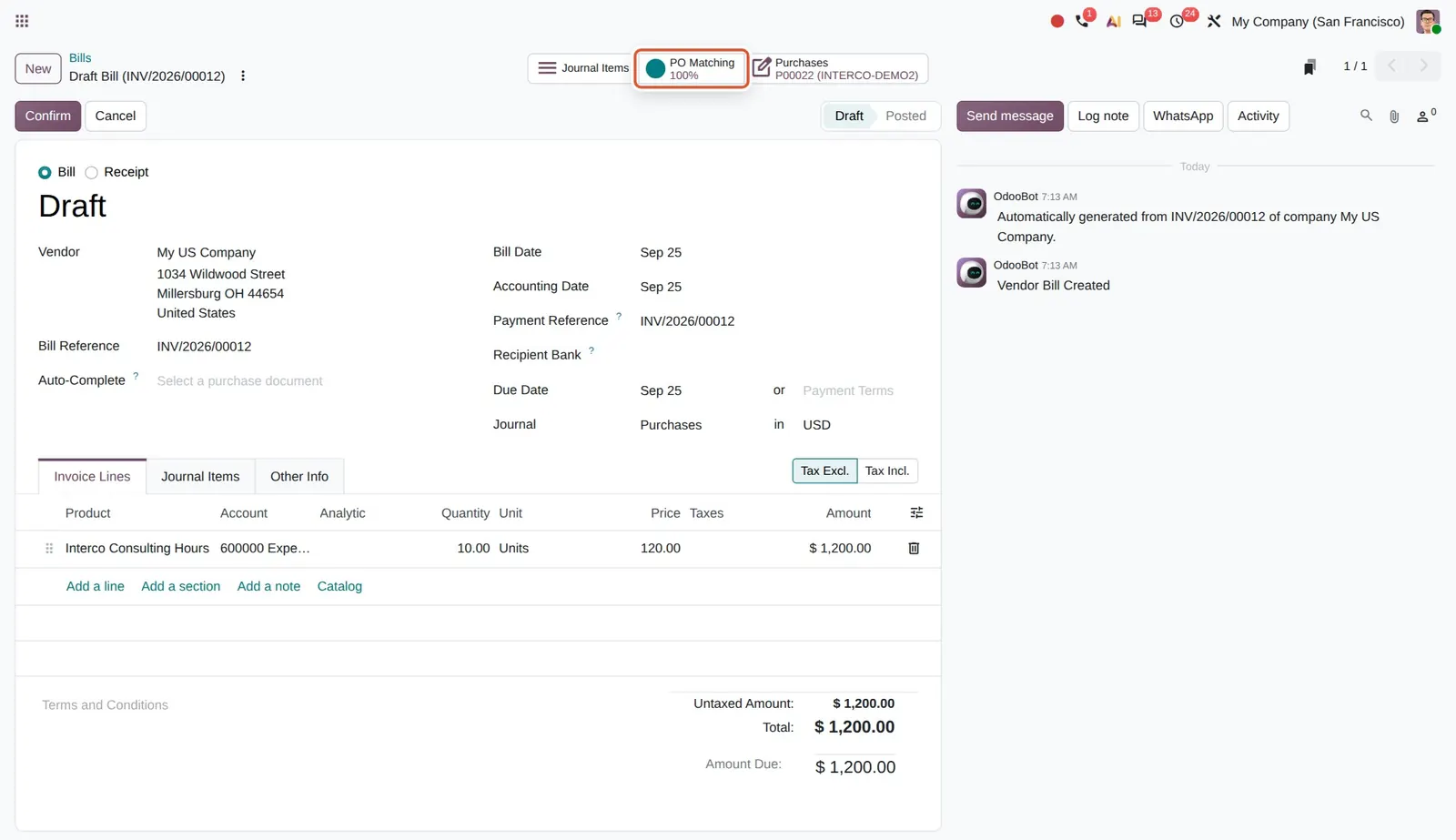 Odoo 20 Intercompany purchase order matching: The auto-generated bill shows PO Matching 100% and a link to purchase order P00022.