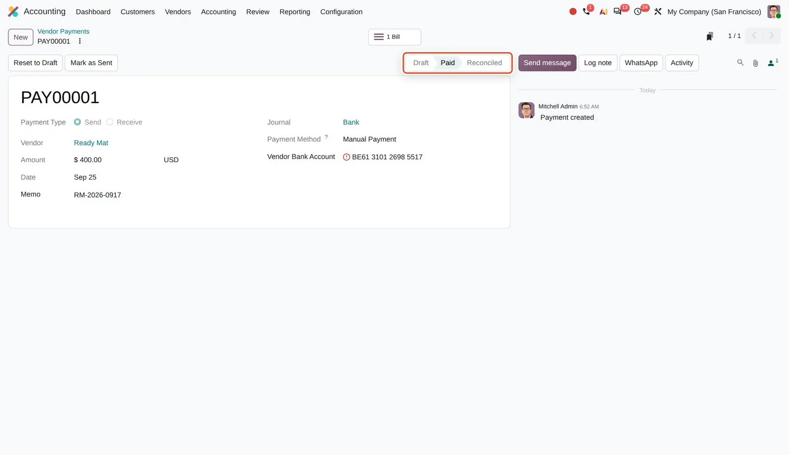 Odoo 20 Intuitive payment status: The status bar Draft, Paid, Reconciled of a validated payment.