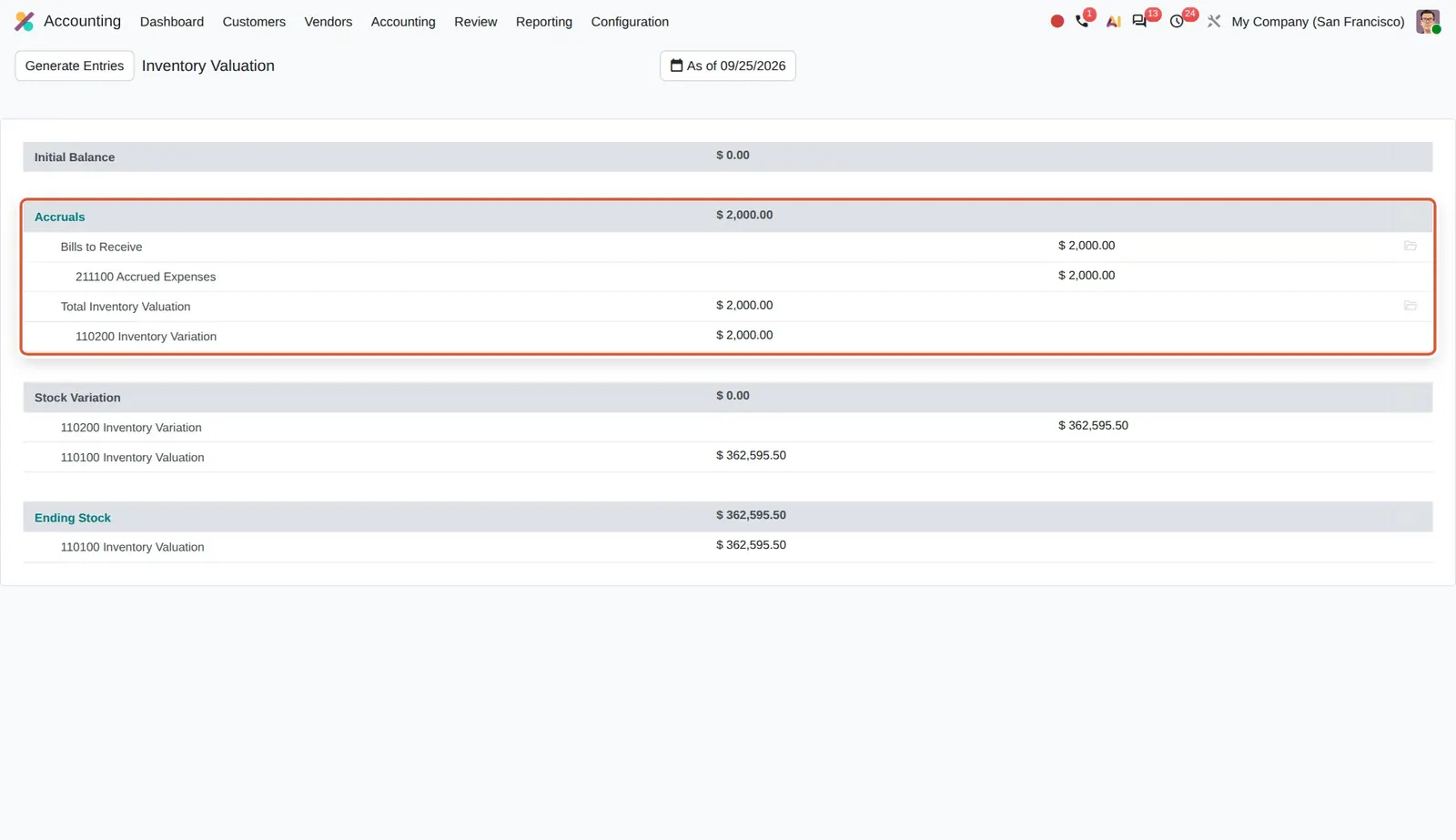 Odoo 20 Inventory valuation: The Accruals section with Bills to Receive on 211100 Accrued Expenses and the inventory side.