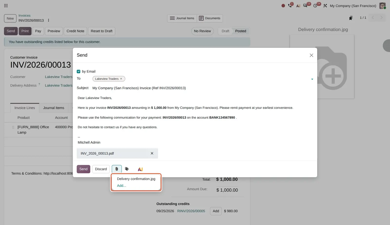 Odoo 20 Invoice email attachments: The paperclip menu offers Delivery confirmation.jpg from the chatter, plus Add... for a new file.