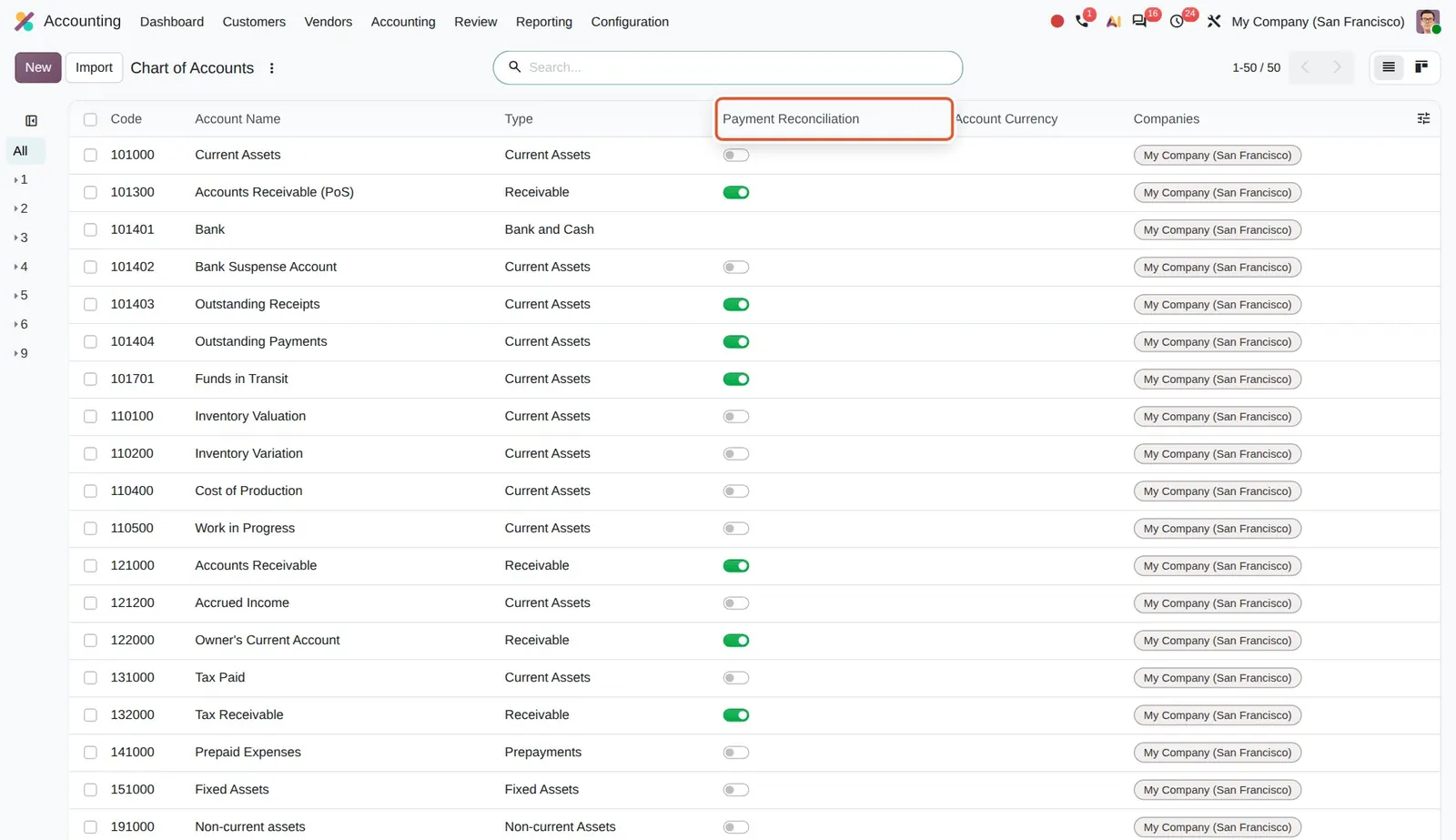 Odoo 20 Manual reconciliation: The column that used to be called "Allow Reconciliation" is now "Payment Reconciliation".