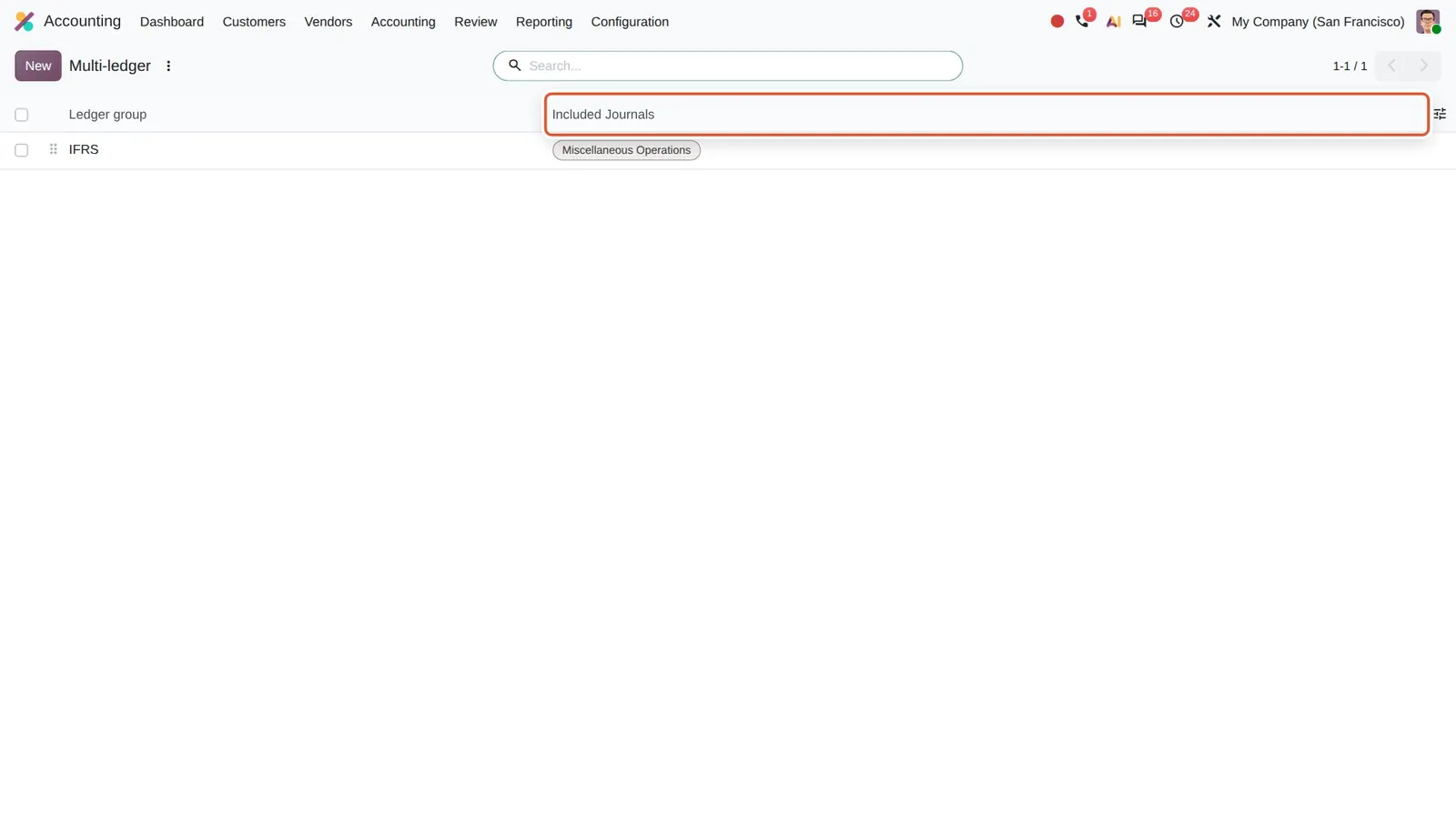 Odoo 20 Multi-ledger consolidation: The ledger group now lists its "Included Journals" (here Miscellaneous Operations).