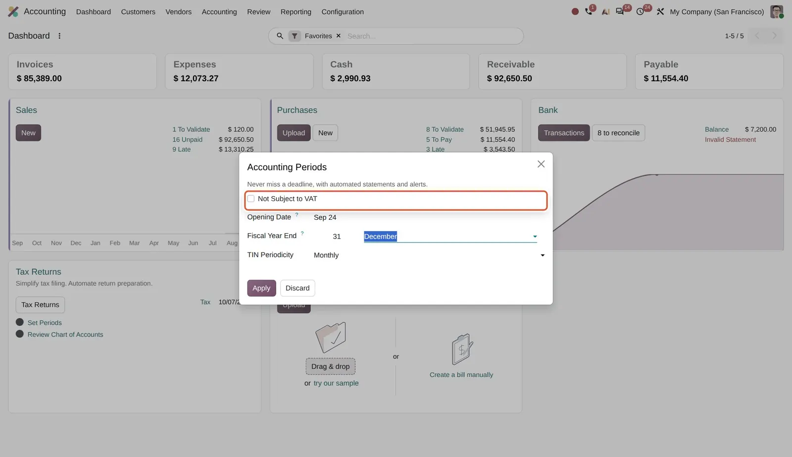 Odoo 20 Onboarding improvements: The onboarding periods dialog now starts with "Not Subject to VAT", followed by the fiscal year and tax periodicity.