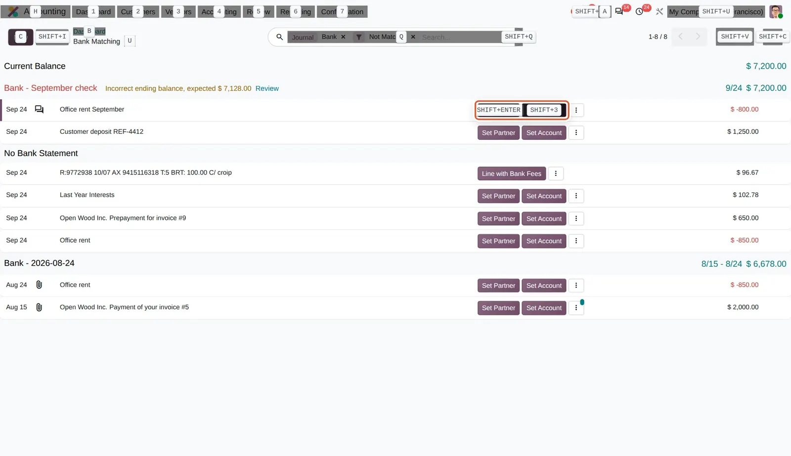 Odoo 20 Optimized data entry: With Alt held, the buttons of the selected transaction show their shortcuts (SHIFT+ENTER, SHIFT+3).