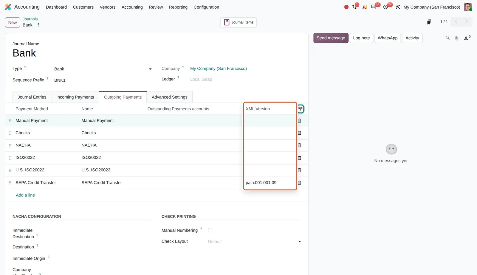 Odoo 20 PAIN version setting: The XML Version column is set per payment method; the SEPA Credit Transfer line uses pain.001.001.09.
