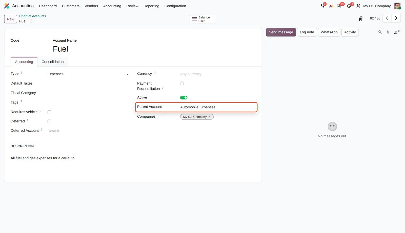 Odoo 20 Parent accounts: "Fuel" has no code and sits under the parent account "Automobile Expenses".