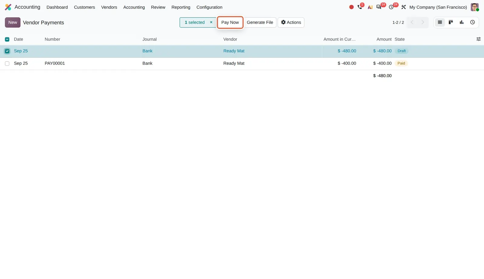 Odoo 20 Pay bills from Odoo: With a draft vendor payment selected, "Pay Now" sends it to the bank for signature.
