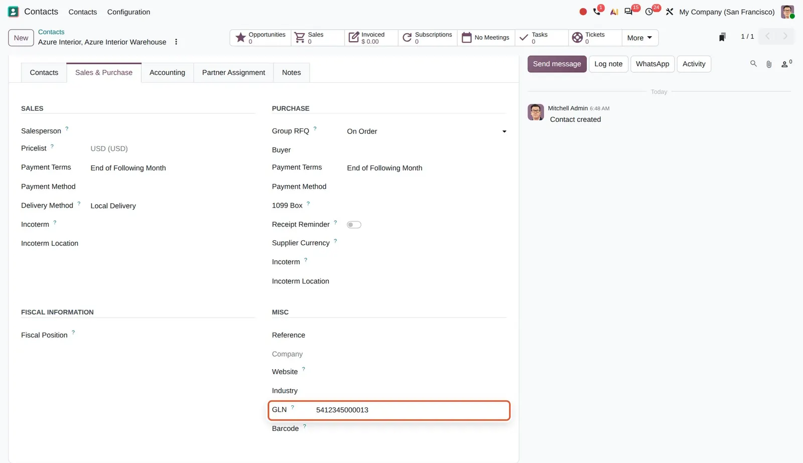 Odoo 20 Peppol global location identifiers: The GLN of the delivery address, shown only on delivery contacts.