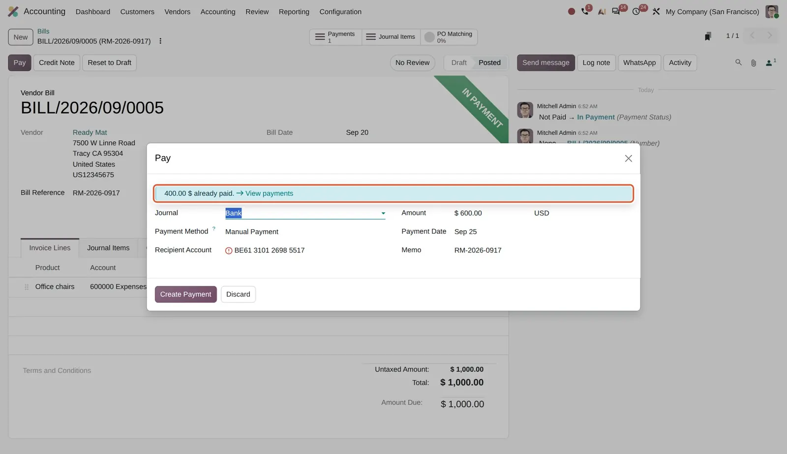 Odoo 20 Prevent double payments in the payment wizard: The wizard shows 400.00 already paid, so it proposes the remaining 600.00 instead of the full 1,000.00.