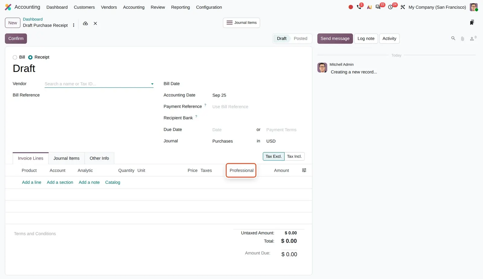 Odoo 20 Professional percentage for receipts: The Professional column is available on a purchase receipt.