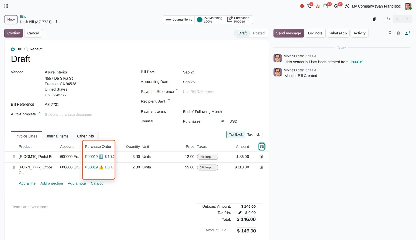 Odoo 20 Purchase order matching: Each line shows its PO: the first flags a higher price than the PO ($10.00), the second a quantity above the ordered 1.0 unit.
