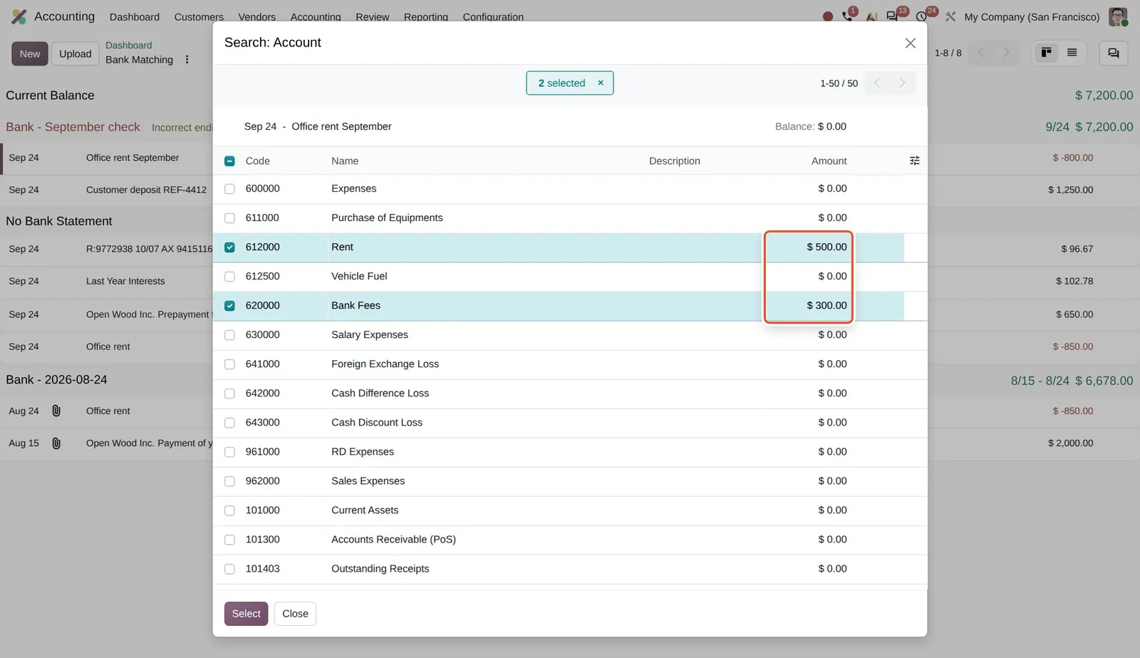 Odoo 20 Reconciliation with multiple accounts: The 800.00 rent payment is split: 500.00 to Rent and 300.00 to Bank Fees; the balance left is 0.00.