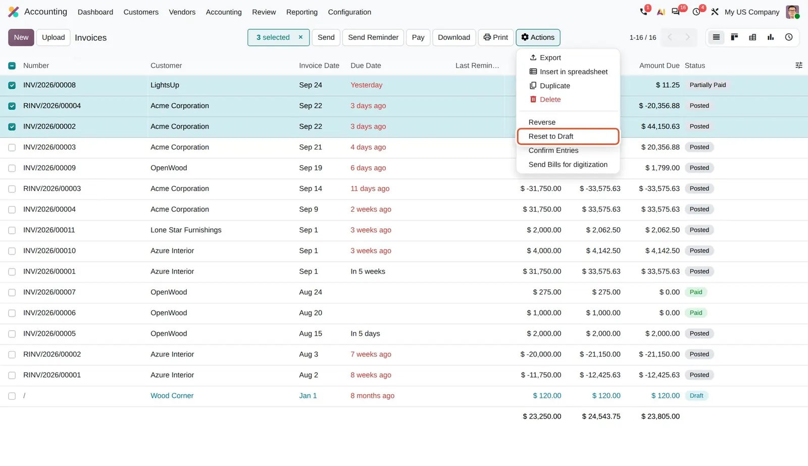 Odoo 20 Reset to Draft action in list views: Reset to Draft in the Actions menu for the three selected invoices.