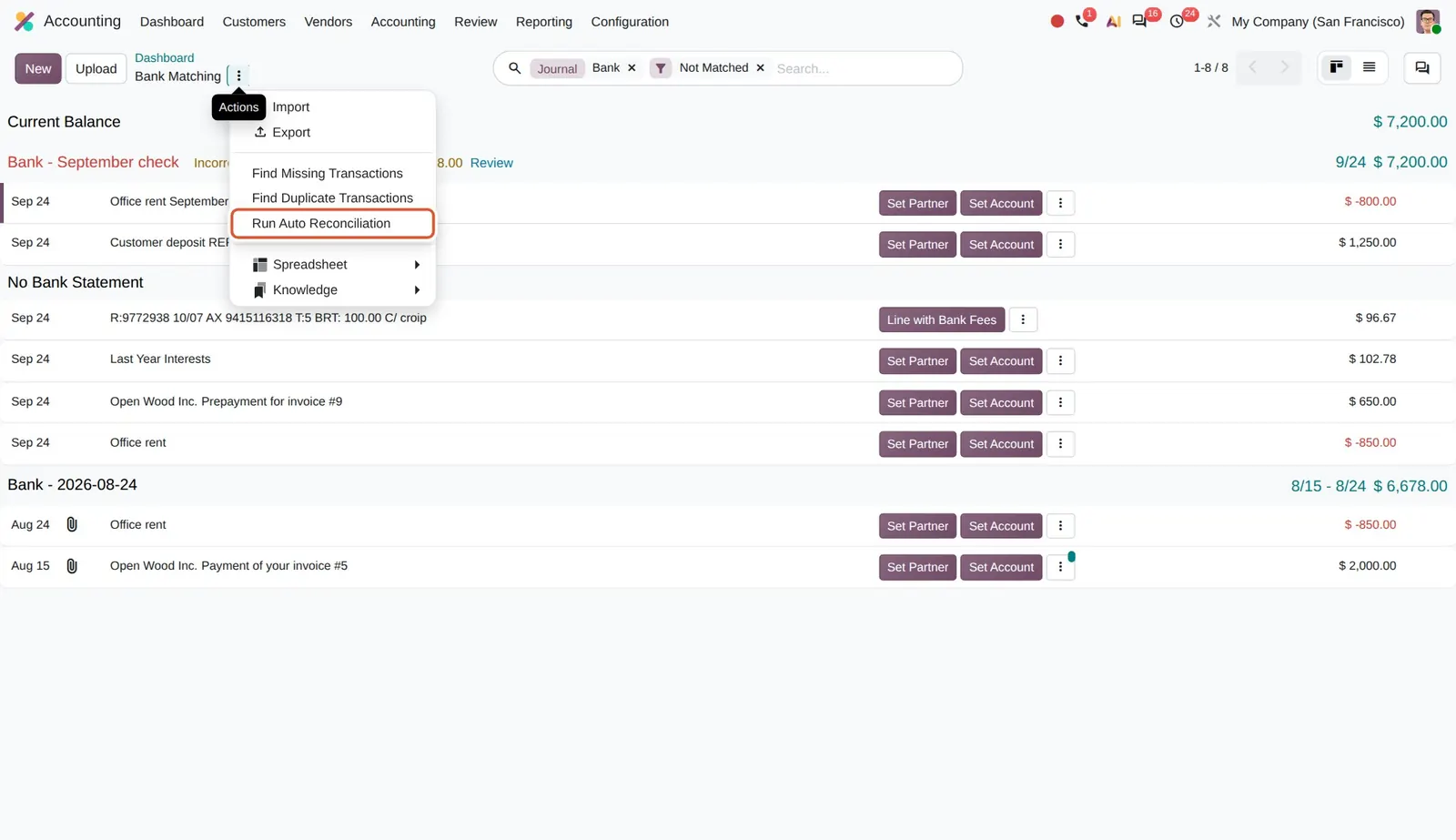Odoo 20 Run Auto Reconciliation: "Run Auto Reconciliation" retriggers the automatic matching.
