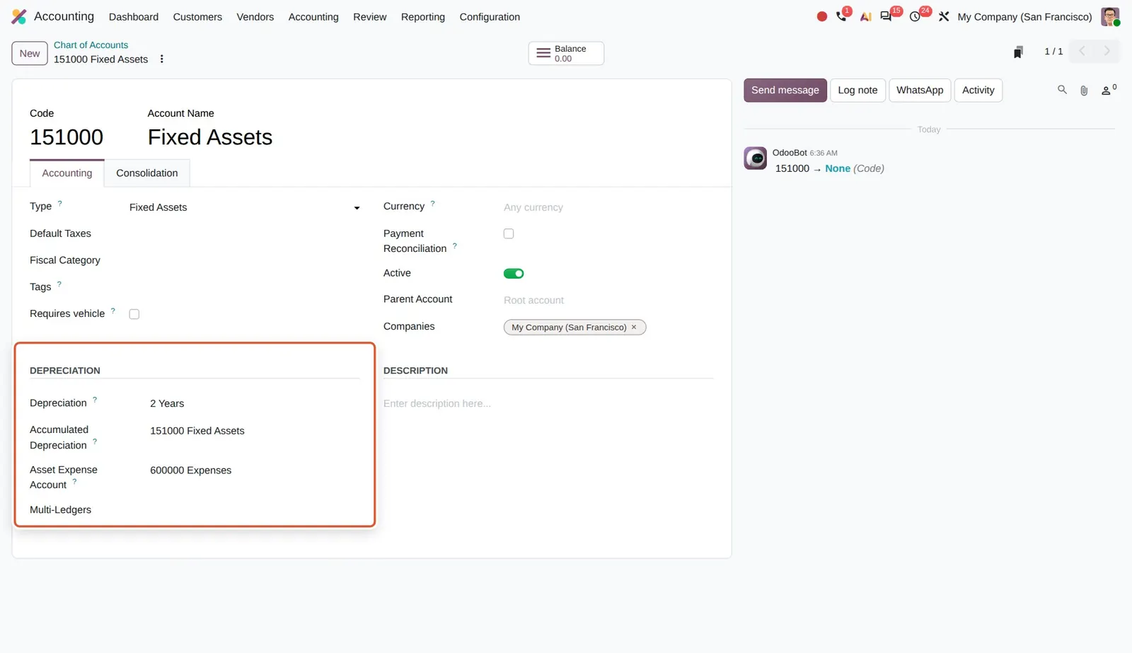 Odoo 20 Simplification of asset models: The asset settings are now on the account: depreciation model "2 Years" plus the depreciation and expense accounts.