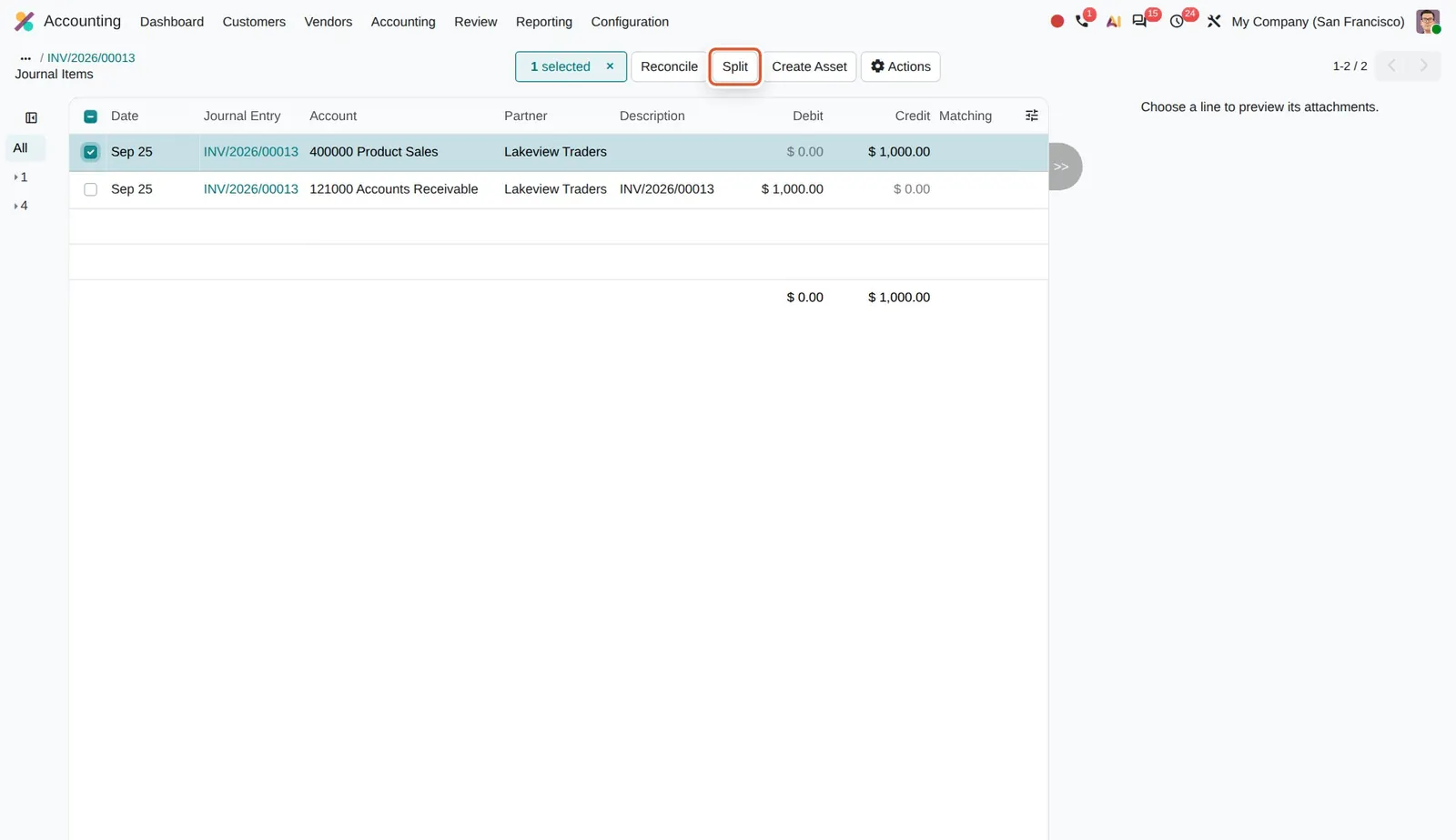 Odoo 20 Split items on invoices: With a journal item selected, the new Split button opens the split wizard.