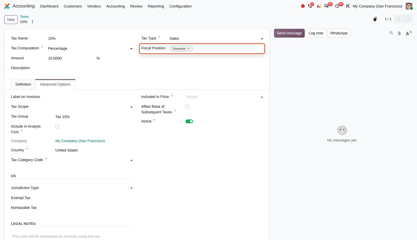 Odoo 20 Taxes in fiscal positions: This tax belongs to the Domestic fiscal position, so it is dropped on invoices using another fiscal position.