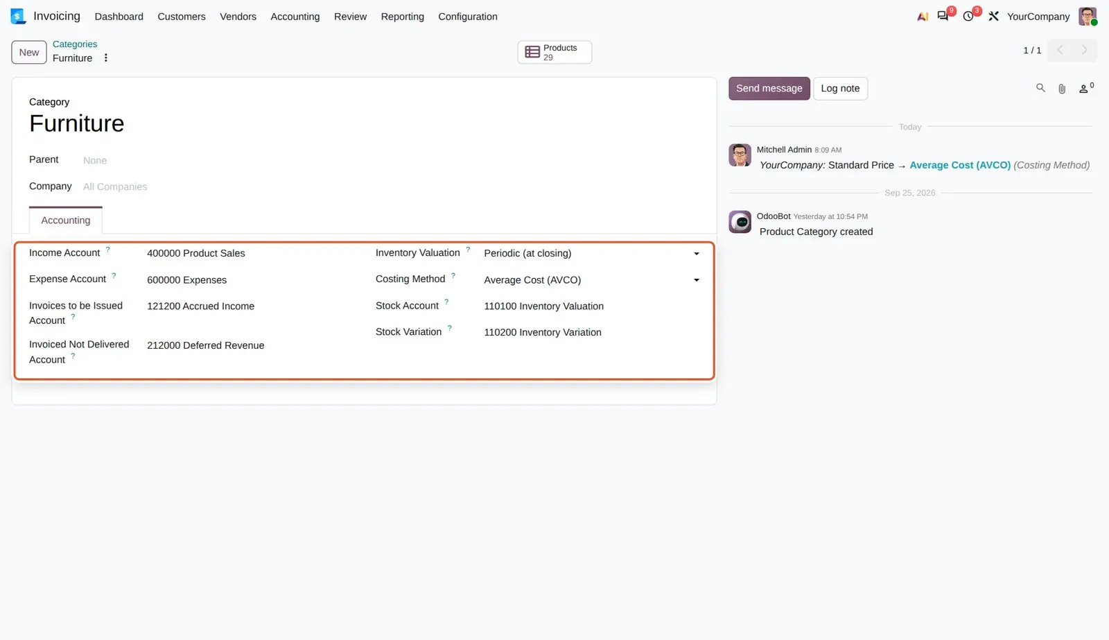 Odoo 20 Valuation without Inventory: The Furniture category's Accounting tab sets Inventory Valuation and Costing Method directly, with no Inventory app installed.