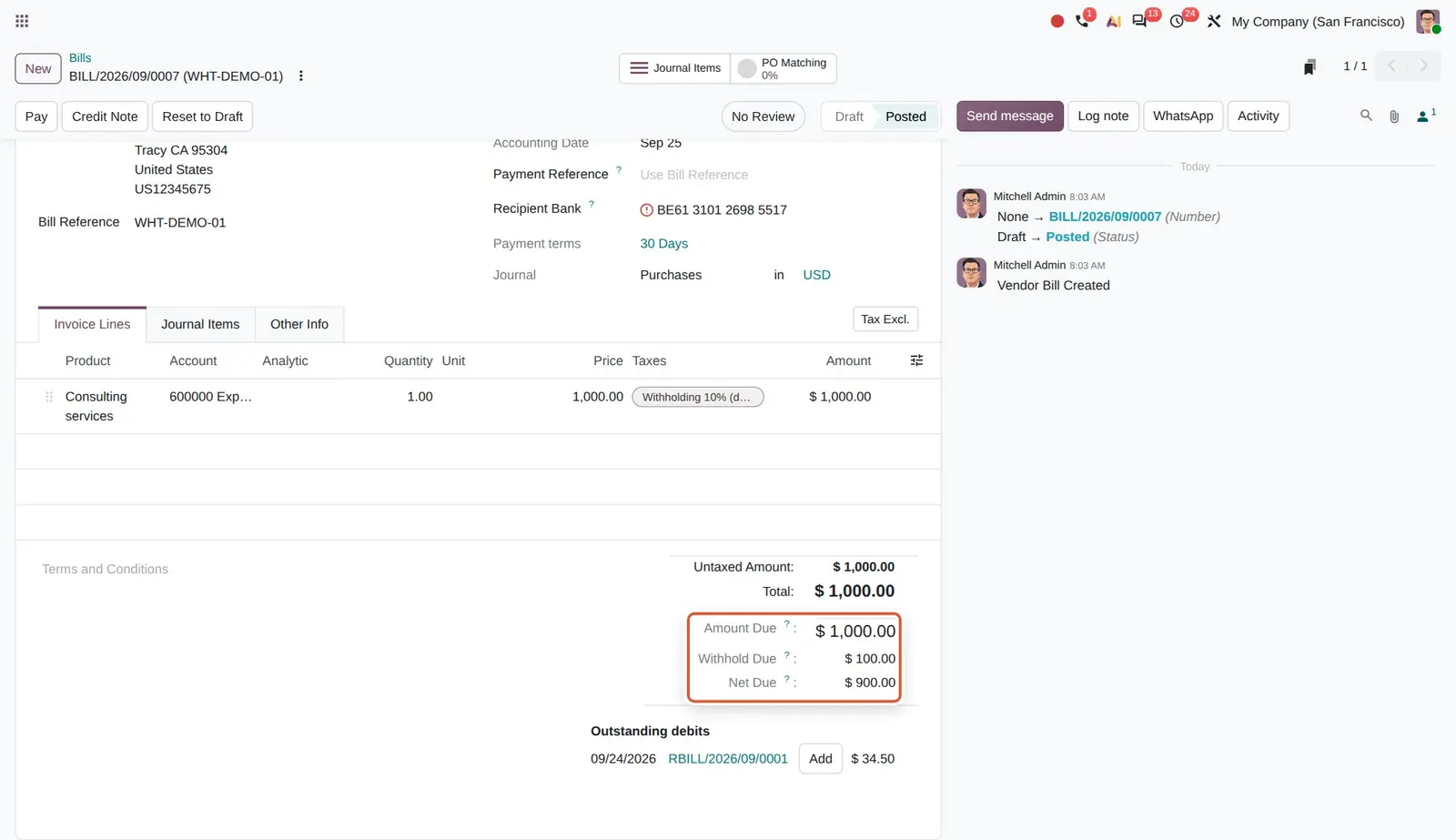 Odoo 20 Withholding tax on payment improvements: A 1,000 bill with a 10% withholding tax: Amount Due 1,000, Withhold Due 100 and Net Due 900 under the totals.