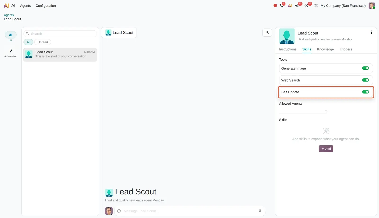 Odoo 20 Agentic automation: The native Self Update tool is on, so the agent may edit its own setup after confirmation.