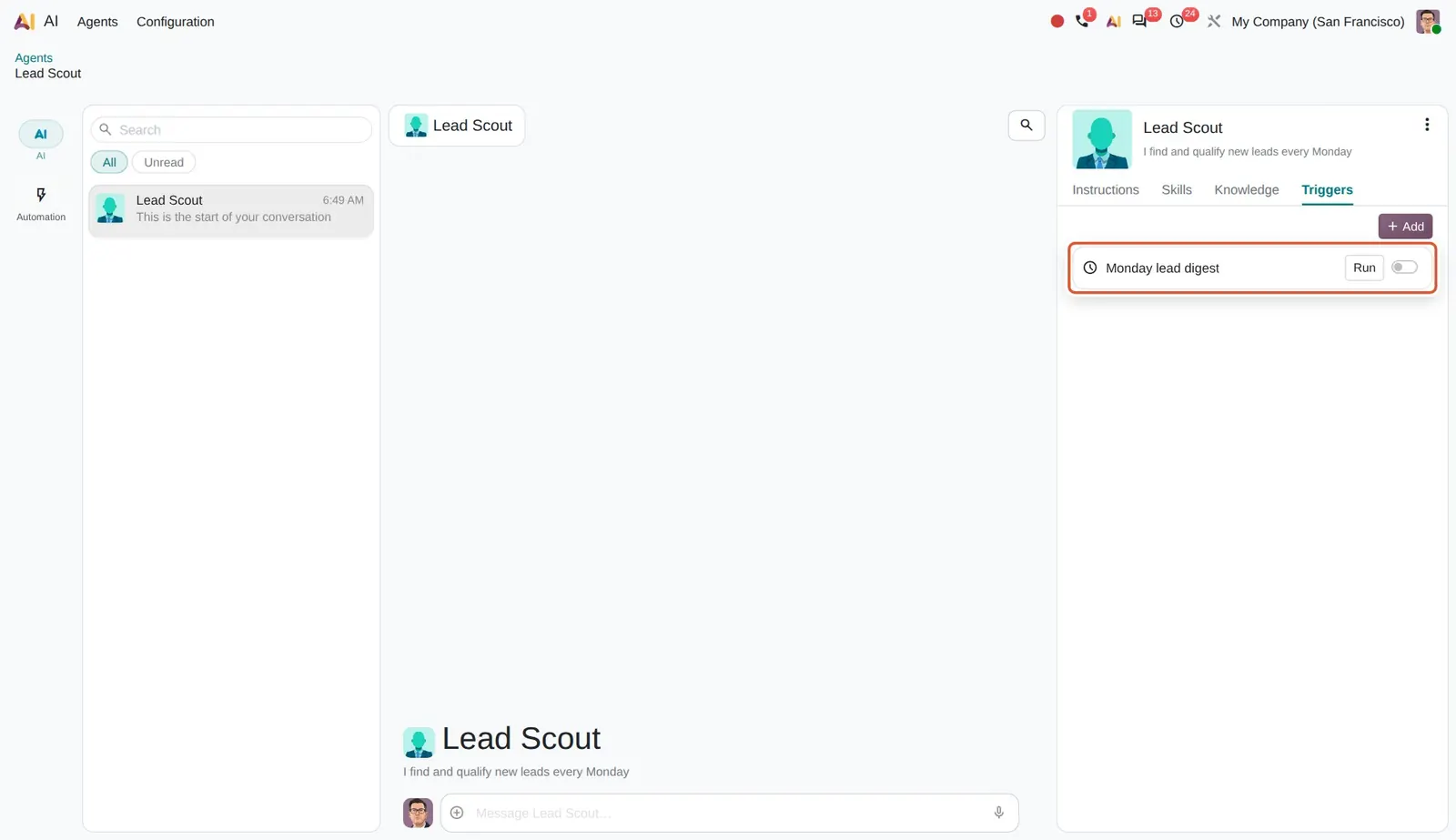 Odoo 20 Agentic automation: A scheduled trigger linked to the agent, with a Run button and an on/off switch.