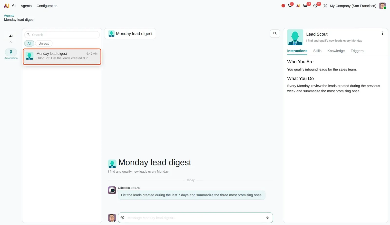 Odoo 20 Agentic automation: Running the trigger created its own chat under Automation, opening with the run instructions.