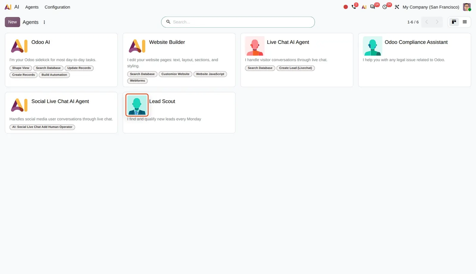 Odoo 20 Agentic automation: The demo agent Lead Scout has the Sales role avatar (suit and tie) in its own color.