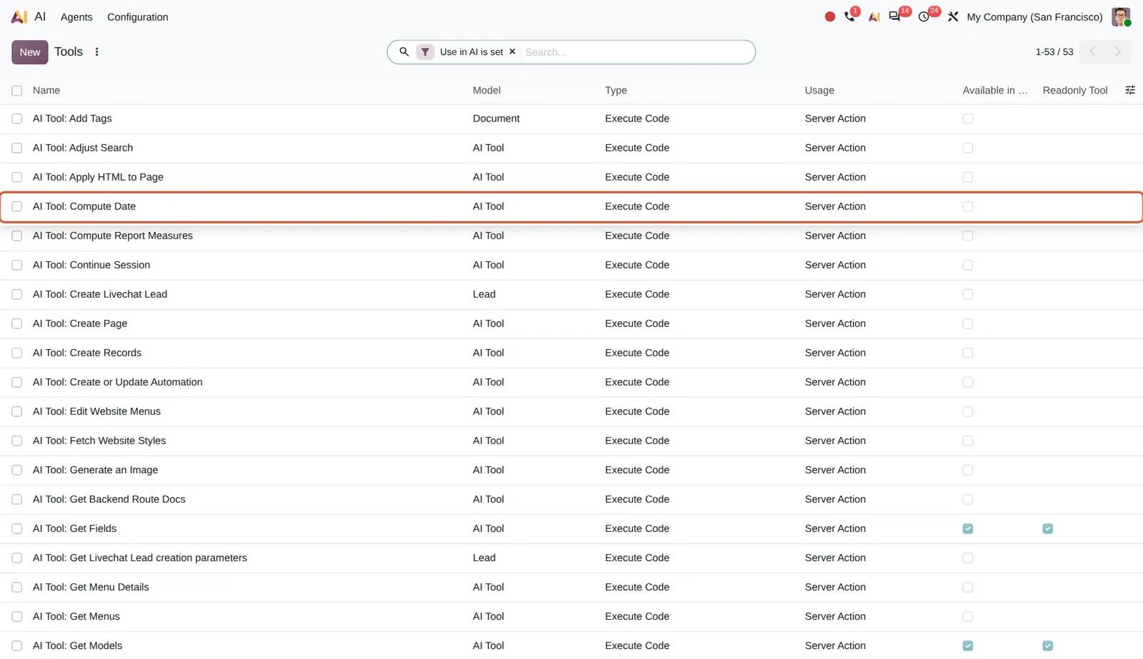 Odoo 20 AI agents: filter by time period: The Compute Date tool agents use to turn periods into exact date filters.