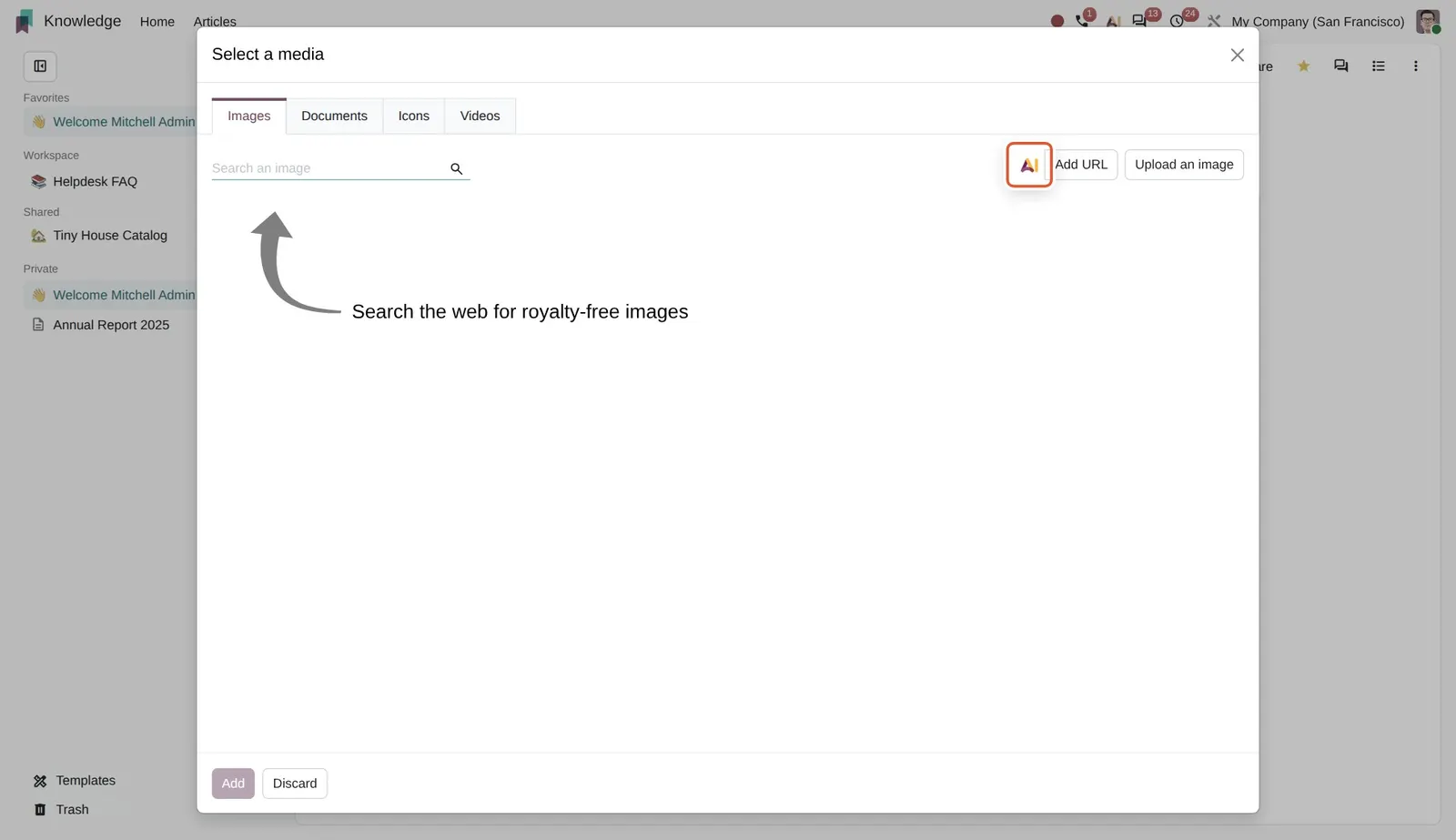 Odoo 20 AI agents: image generation: The AI button in Select a media opens a chat to generate the image.