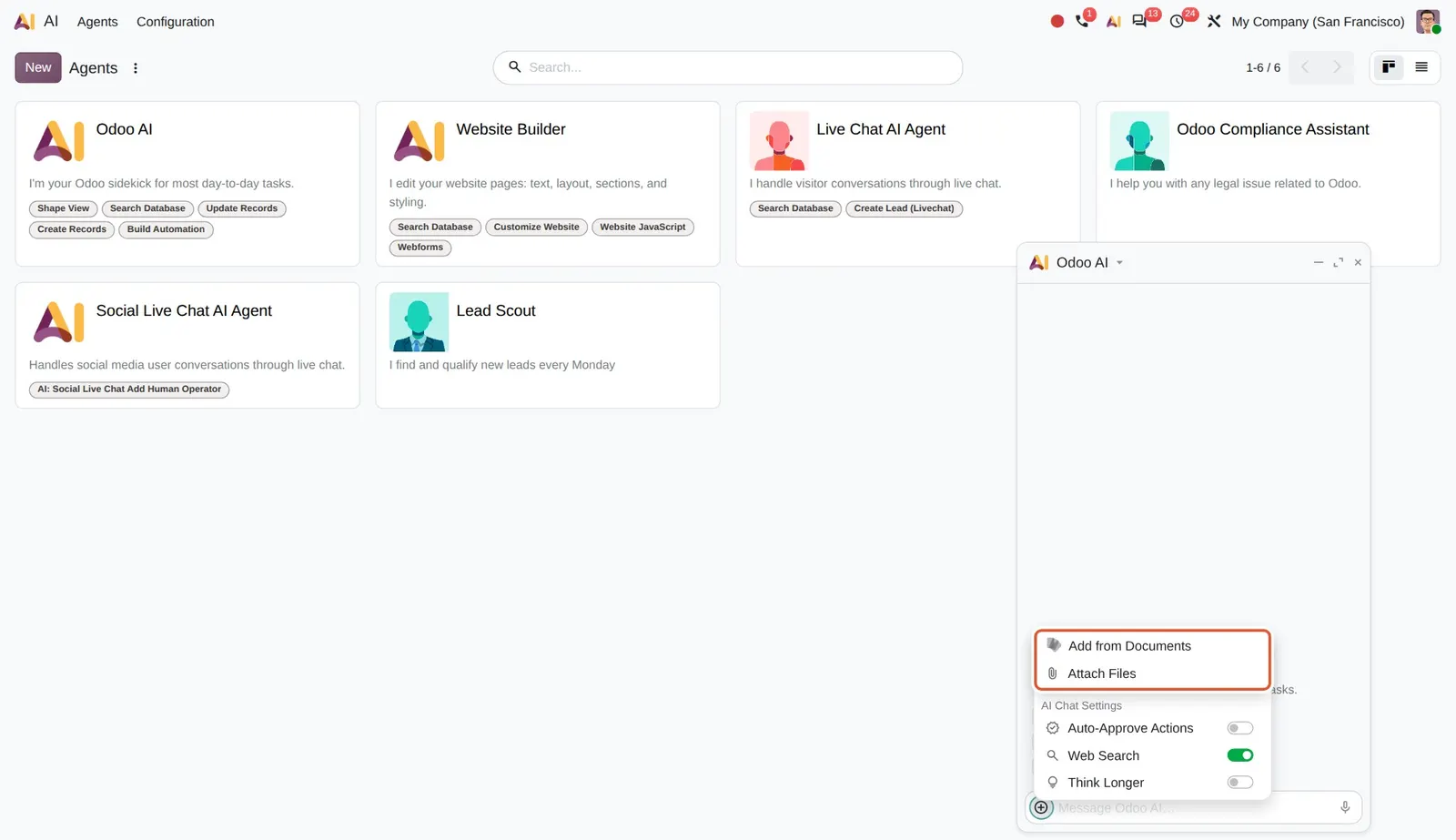 Odoo 20 AI agents: send files: Add from Documents and Attach Files in the + menu of an AI chat.