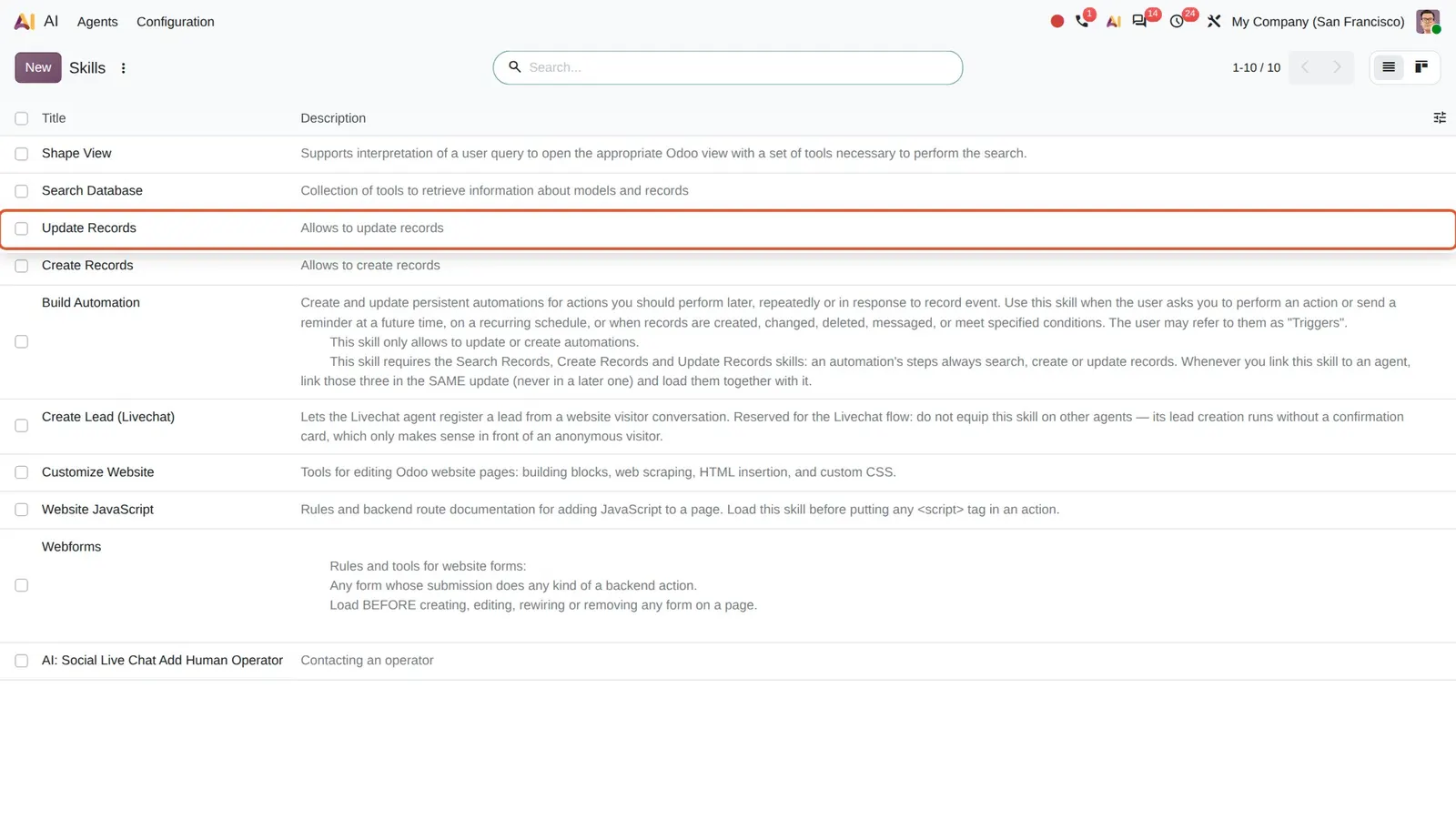 Odoo 20 AI agents: update records: The Update Records skill in the skill list.