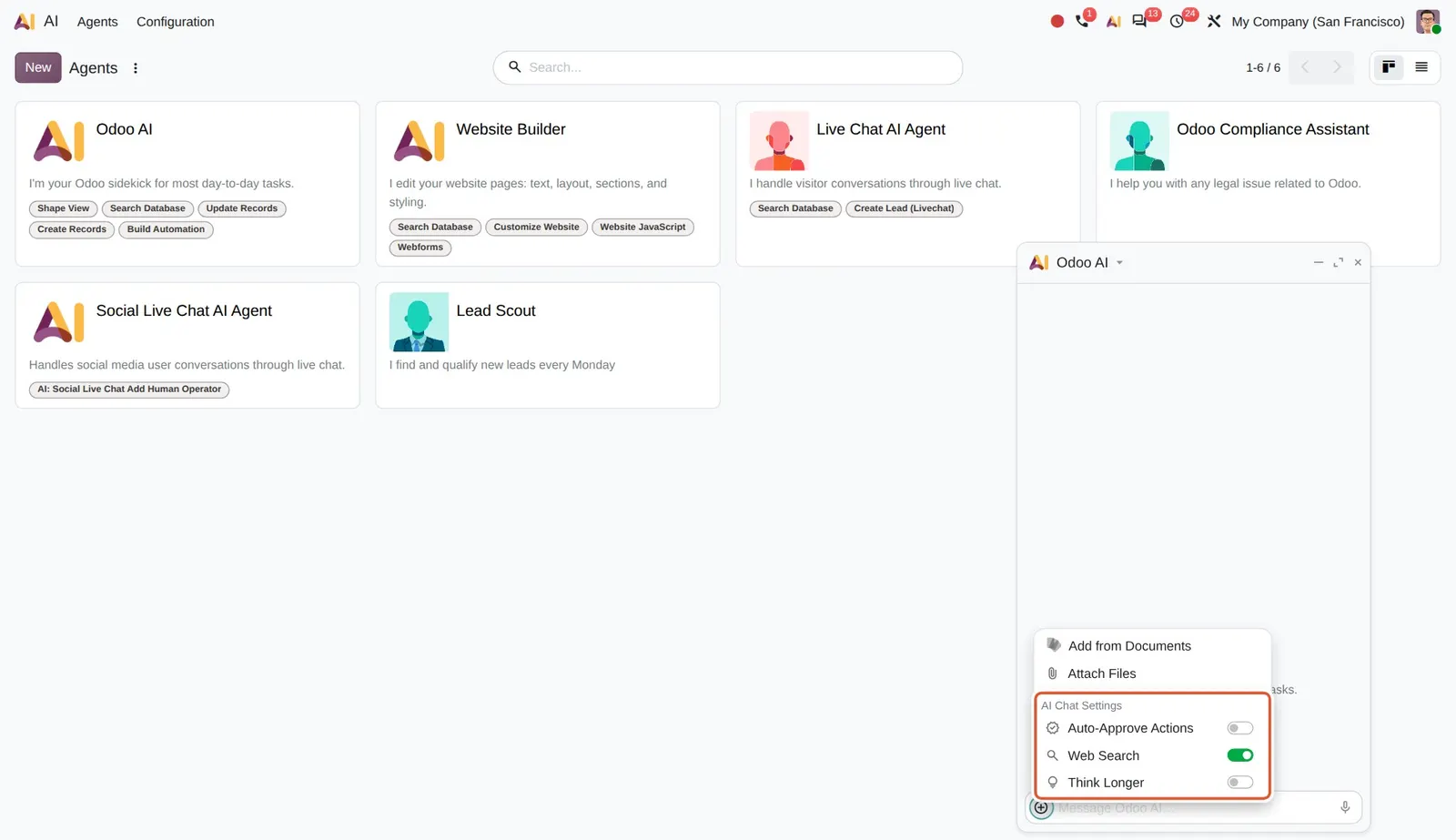Odoo 20 AI chat request options: The AI Chat Settings group of the + menu.