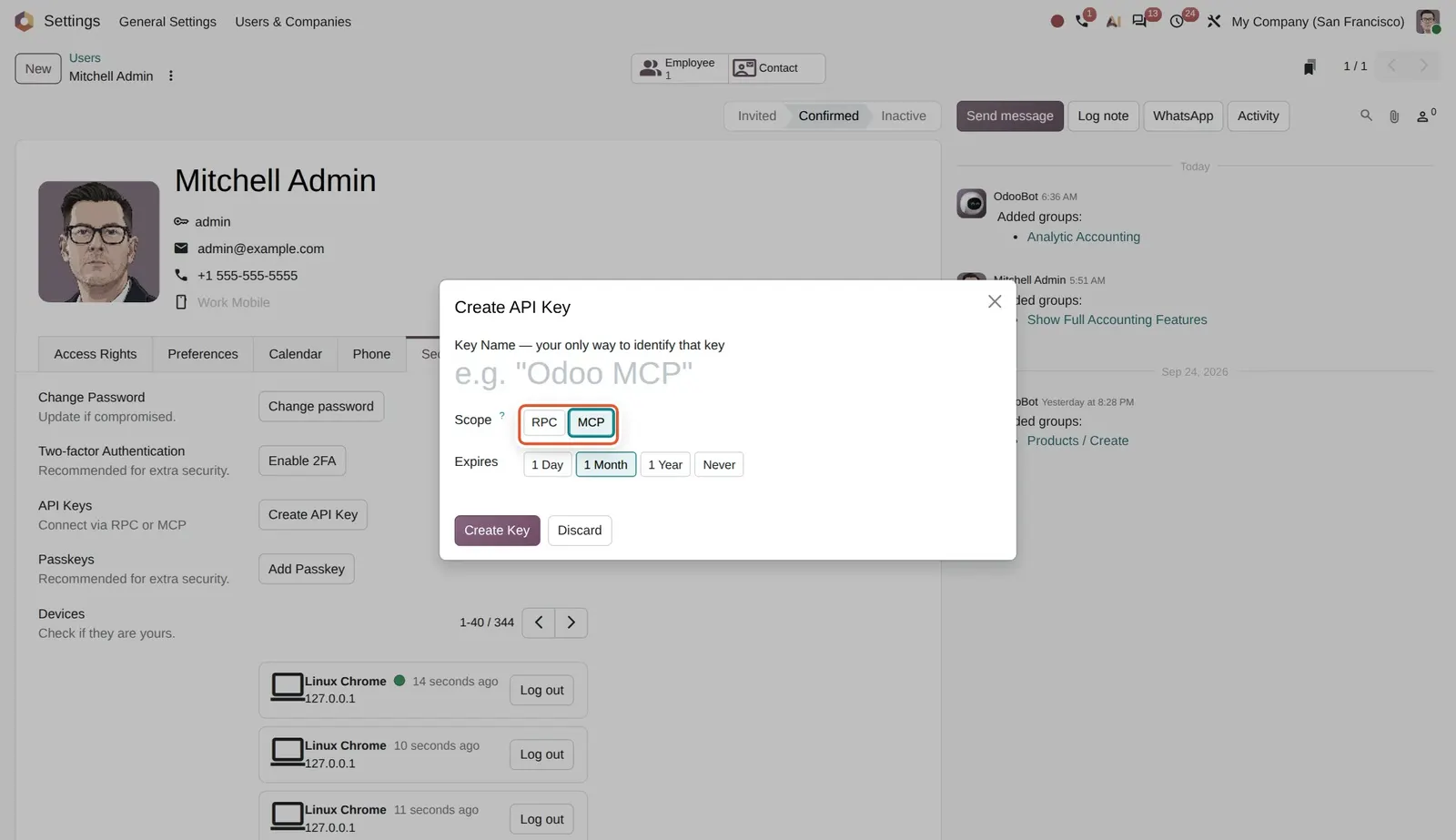 Odoo 20 Connect Odoo to anything: The new MCP scope for API keys used by MCP clients.