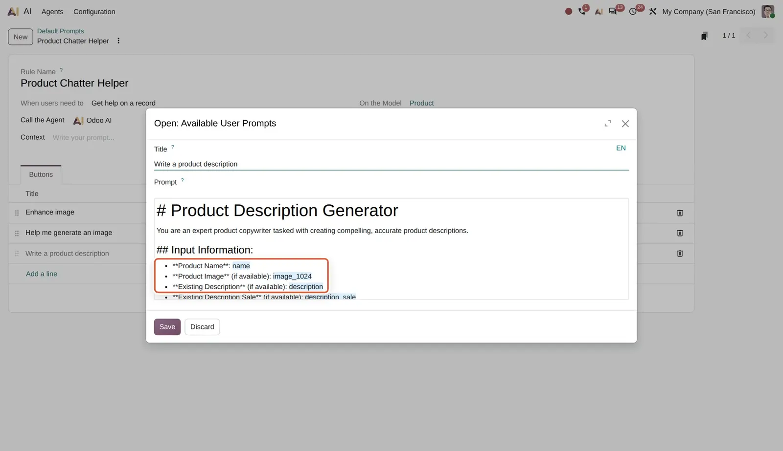 Odoo 20 Default prompts: Field placeholders (name, image_1024, description) in a prompt button, replaced by the product's values.