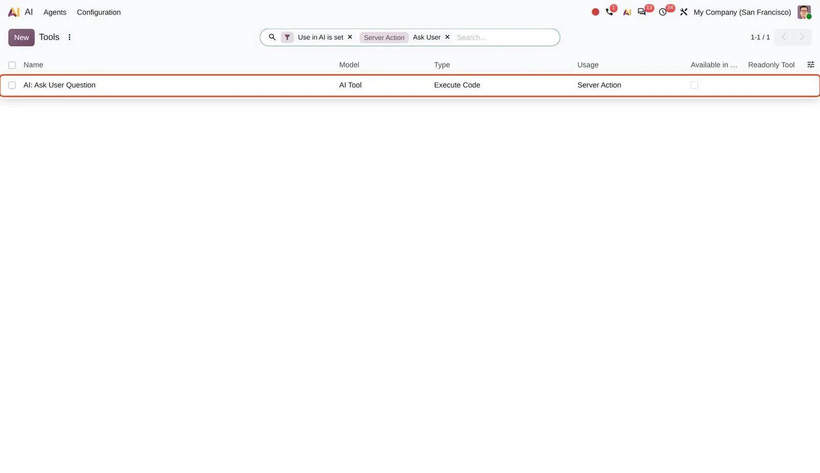 Odoo 20 Interactive agent responses: The Ask User Question tool that shows choices as buttons in the chat.