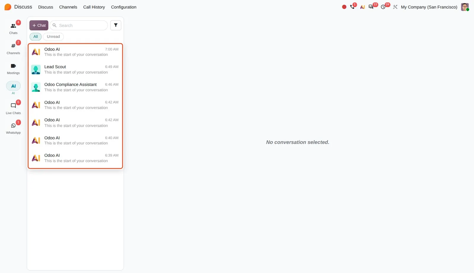 Odoo 20 Stored conversations: Stored AI chats listed under AI in Discuss.
